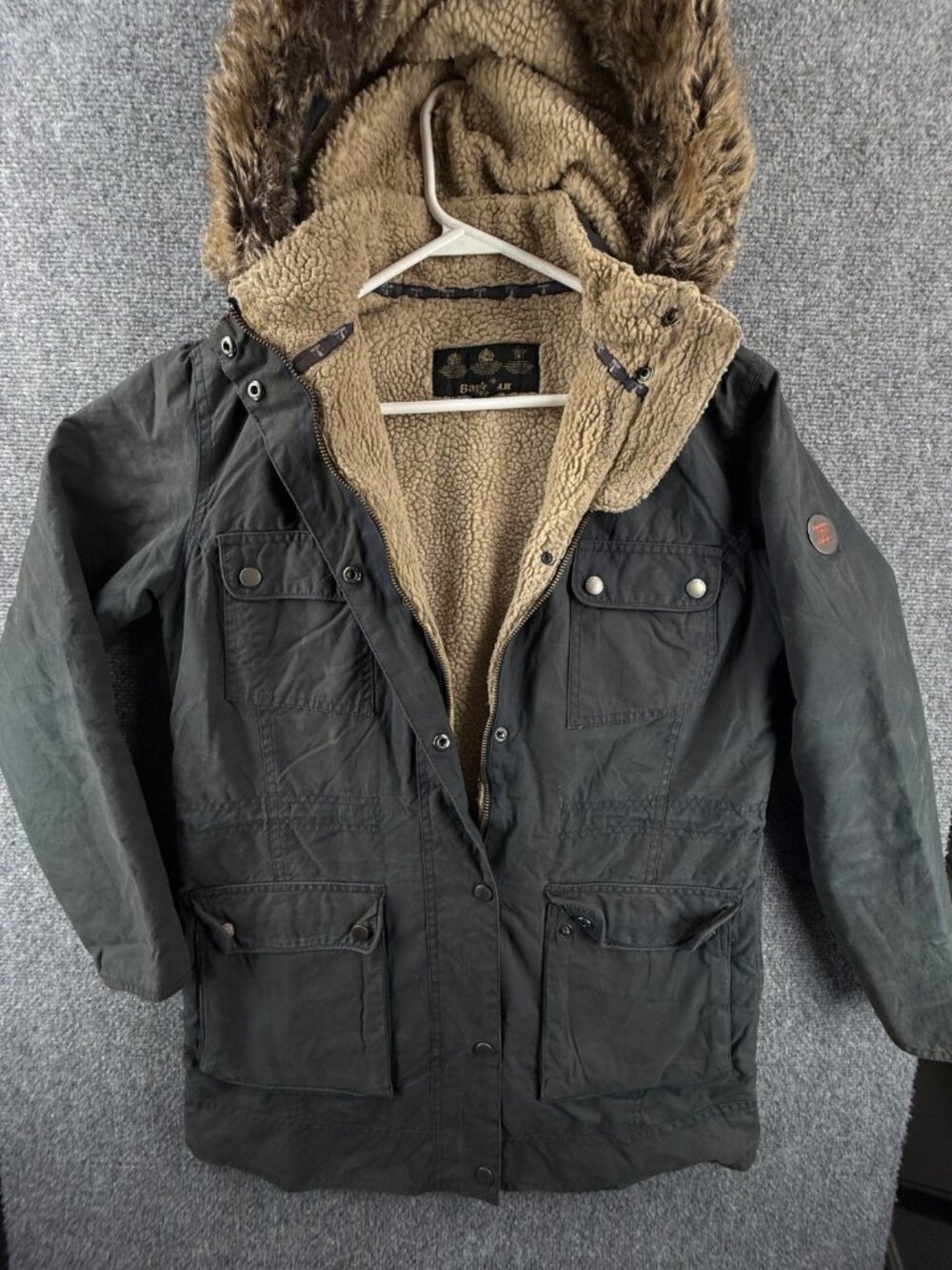 Barbour CARRIBENA Wax Jacket Women Blue Fleece Lined Canvas Waxed Coat Size 6